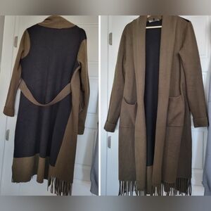 Thick Coatigan/Cardigan with Back Contrast Detail, Fringe Hem and Pockets